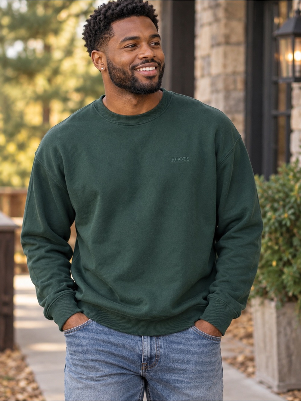 Roots Men's Crewneck Sweater in Forest Green